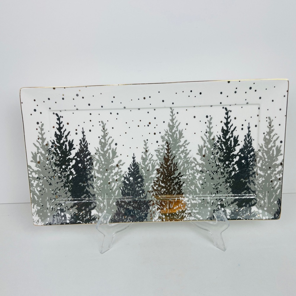 Grace Teaware Serving Platter White Gold Grey Pine Tree Winter Forest Porcelain